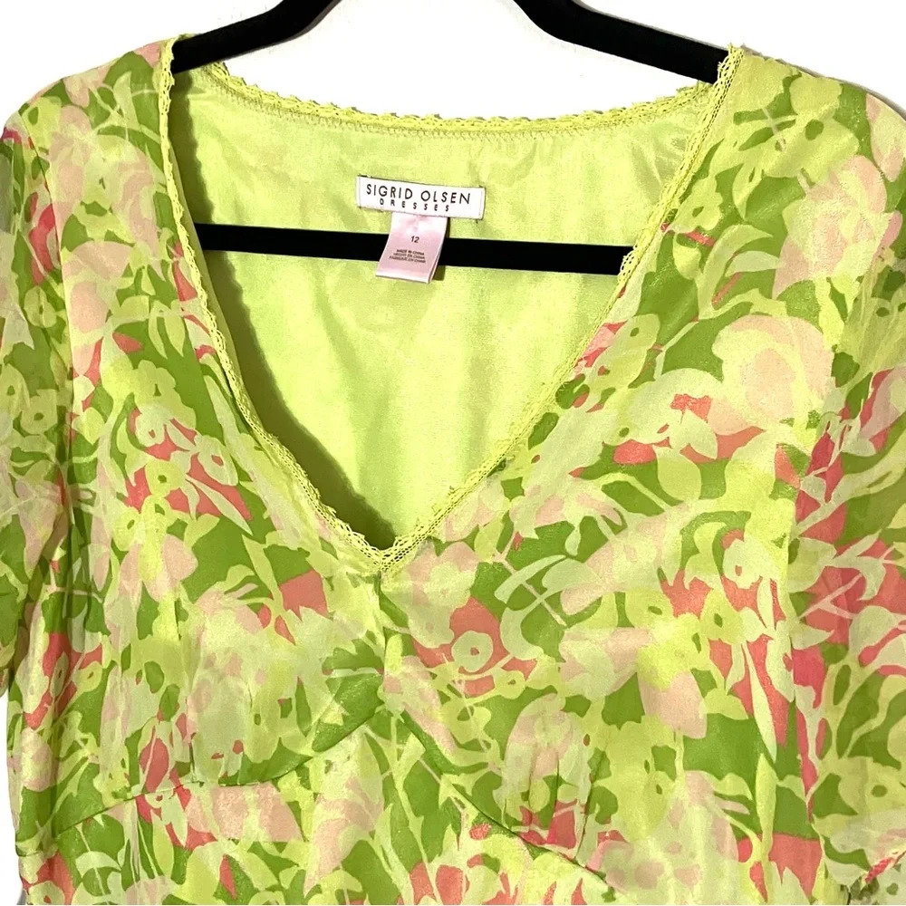 Sigrid Olson 100% Silk Resort Wear Summer Green Botanical V-Neck Slip Dress - Picture 3 of 7